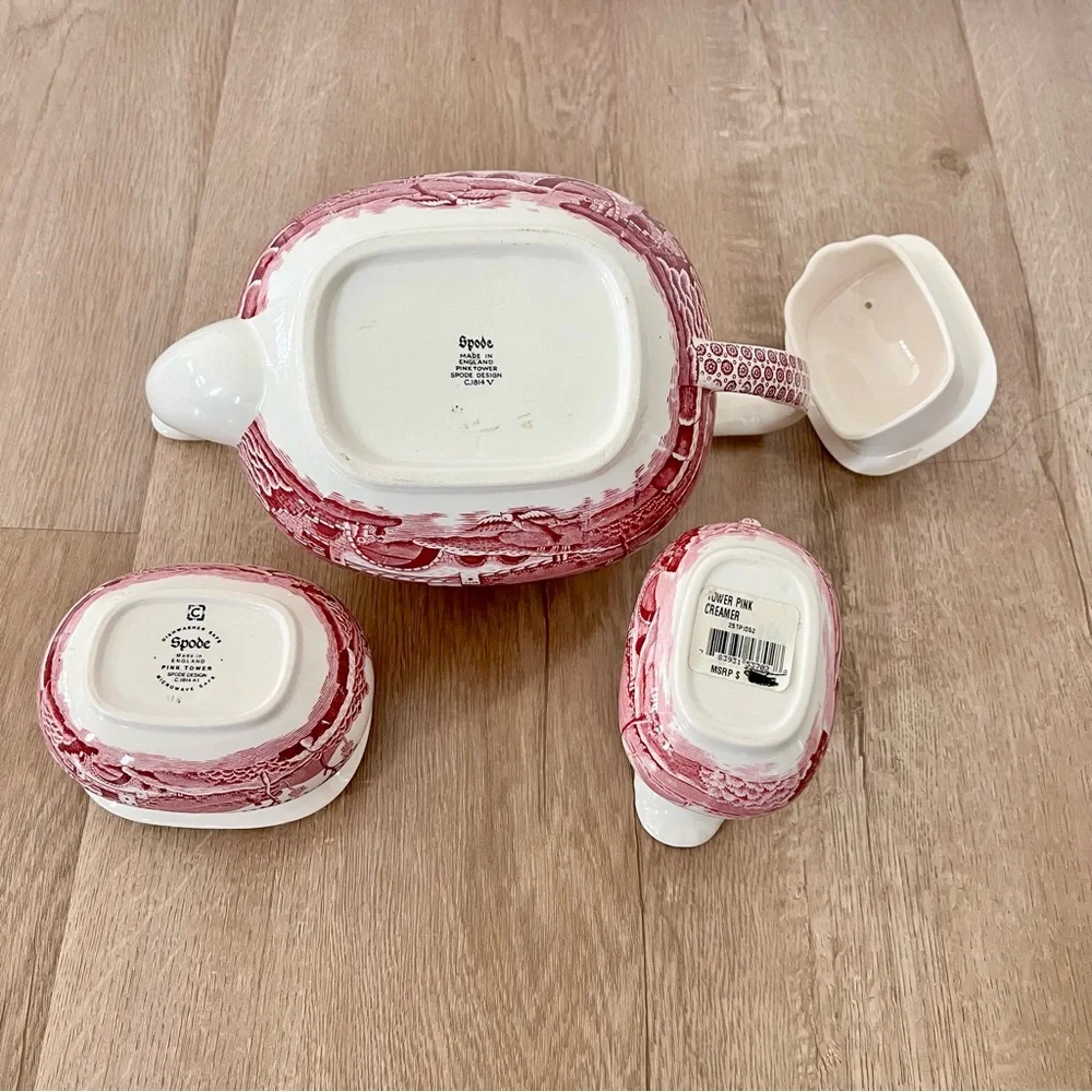 Spode England “ Pink Tower “ 5 Cup Teapot, Creamer, Sugar‎ Bowl Set - Vintage